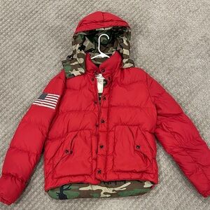 Denim & Supply Ralph Lauren American Flag Puffer with Camouflage lining.